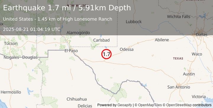Earthquake 26 km NNW of Toyah, Texas (1.7 ml) (2025-08-21 01:04:19 UTC)