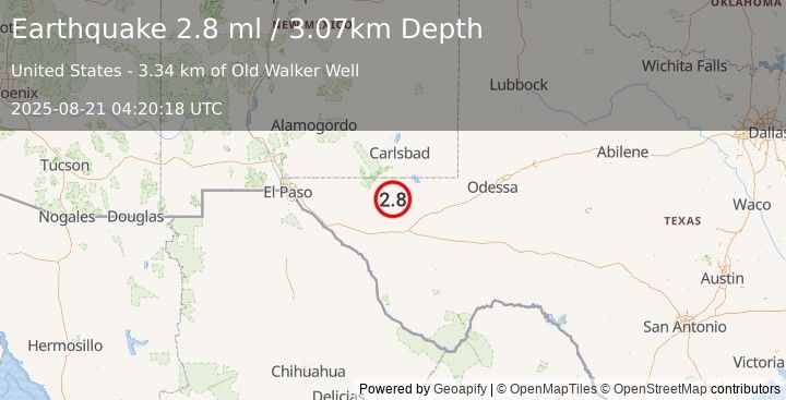Earthquake 61 km S of Whites City, New Mexico (2.8 ml) (2025-08-21 04:20:18 UTC)