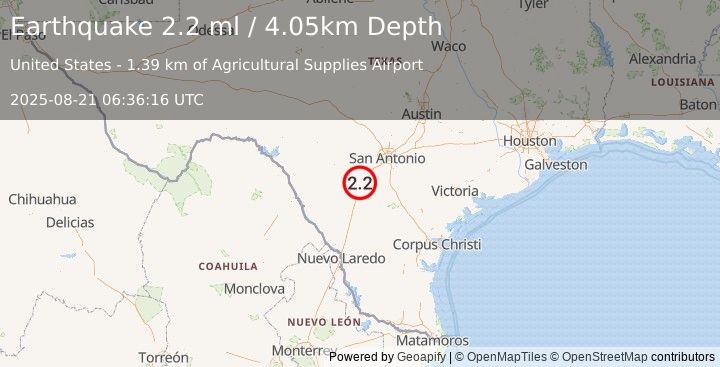 Earthquake 2 km N of North Pearsall, Texas (2.2 ml) (2025-08-21 06:36:16 UTC)