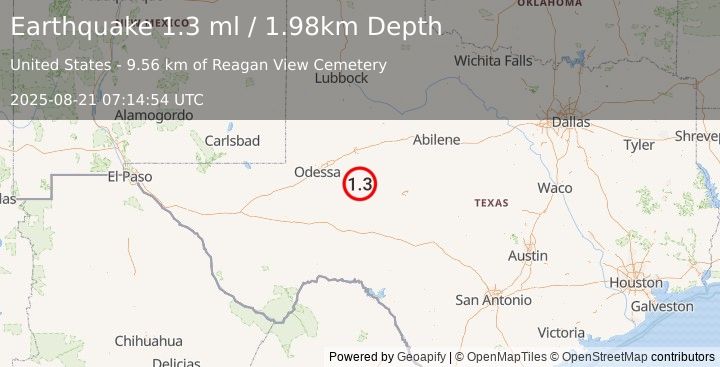 Earthquake 27 km S of Garden City, Texas (1.3 ml) (2025-08-21 07:14:54 UTC)