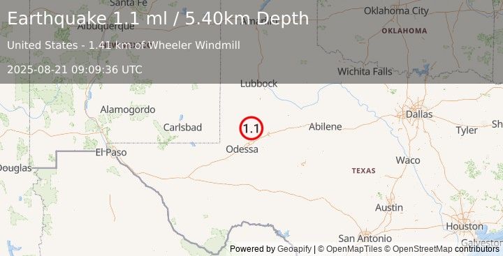 Earthquake 35 km WSW of Ackerly, Texas (1.1 ml) (2025-08-21 09:09:36 UTC)