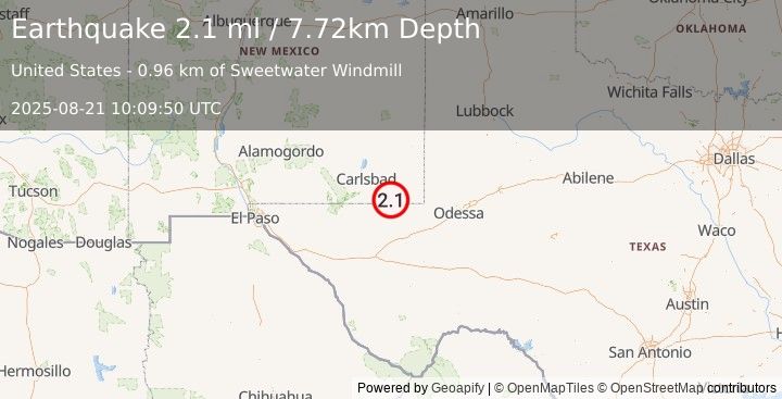 Earthquake 35 km ESE of Malaga, New Mexico (2.1 ml) (2025-08-21 10:09:50 UTC)