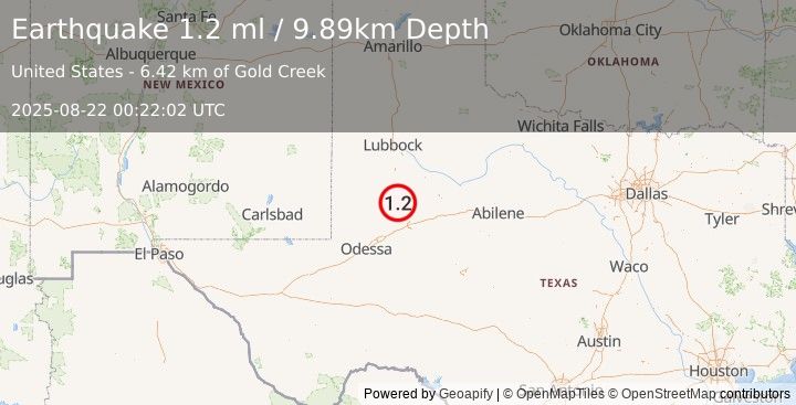 Earthquake 10 km N of Ackerly, Texas (1.2 ml) (2025-08-22 00:22:02 UTC)