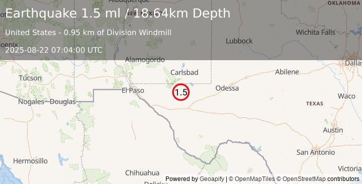 Earthquake 53 km S of Whites City, New Mexico (1.5 ml) (2025-08-22 07:04:00 UTC)