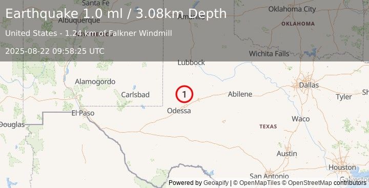 Earthquake 36 km SSW of Los Ybanez, Texas (1.0 ml) (2025-08-22 09:58:25 UTC)