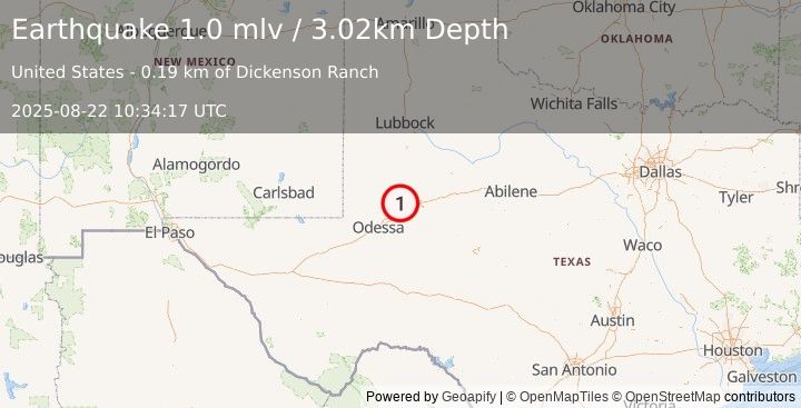 Earthquake 17 km NW of Stanton, Texas (1.0 mlv) (2025-08-22 10:34:17 UTC)