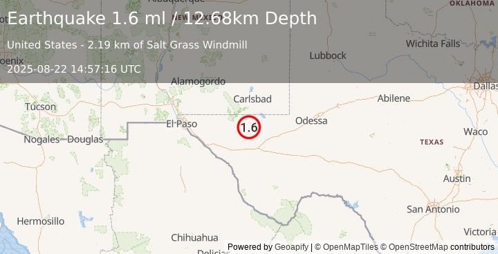 Earthquake 56 km S of Whites City, New Mexico (1.6 ml) (2025-08-22 14:57:16 UTC)