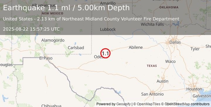 Earthquake 8 km NE of Midland, Texas (1.1 ml) (2025-08-22 15:57:25 UTC)