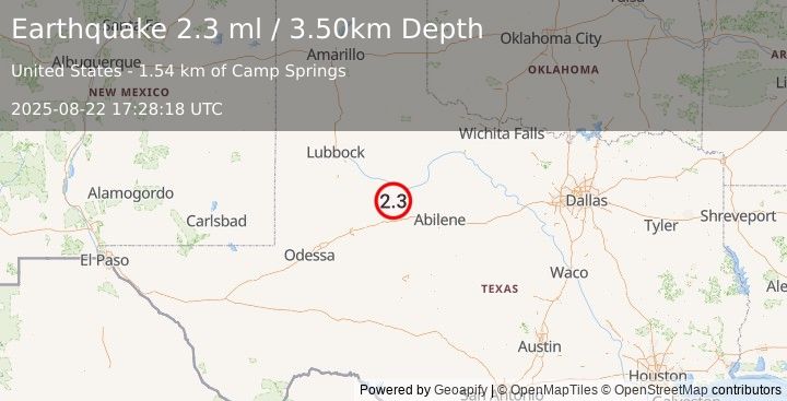 Earthquake 16 km NNE of Hermleigh, Texas (2.3 ml) (2025-08-22 17:28:18 UTC)