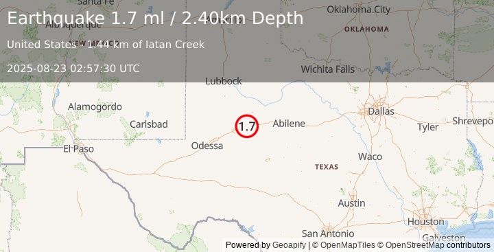 Earthquake 7 km WNW of Westbrook, Texas (1.7 ml) (2025-08-23 02:57:30 UTC)