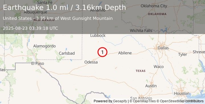 Earthquake 22 km E of Ackerly, Texas (1.0 ml) (2025-08-23 03:39:18 UTC)