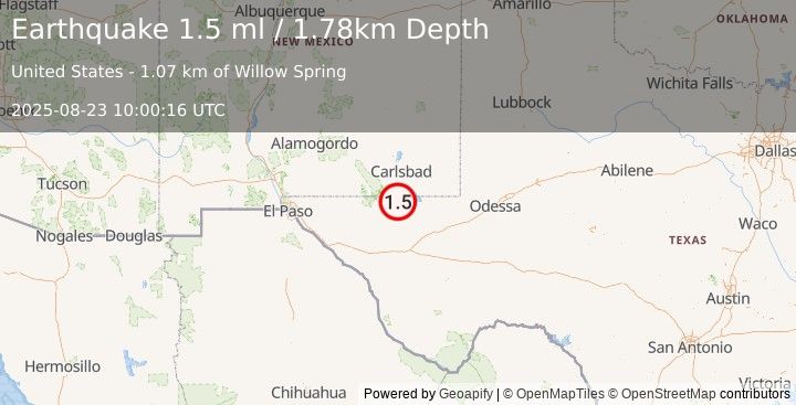 Earthquake 31 km SSE of Whites City, New Mexico (1.5 ml) (2025-08-23 10:00:16 UTC)