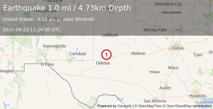 Earthquake 39 km NW of Stanton, Texas (1.0 ml) (2025-08-23 11:24:01 UTC)