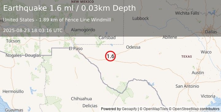 Earthquake 19 km W of Toyah, Texas (1.6 ml) (2025-08-23 18:03:16 UTC)