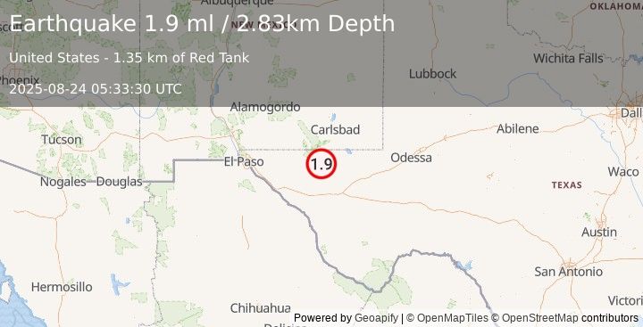 Earthquake 54 km SSW of Whites City, New Mexico (1.9 ml) (2025-08-24 05:33:30 UTC)