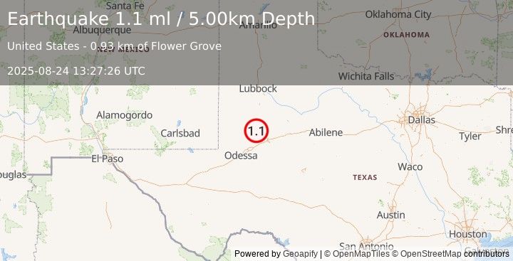 Earthquake 16 km WSW of Ackerly, Texas (1.1 ml) (2025-08-24 13:27:26 UTC)
