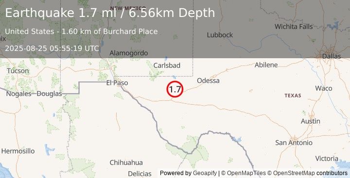 Earthquake 21 km NNW of Toyah, Texas (1.8 mlv) (2025-08-25 05:55:20 UTC)