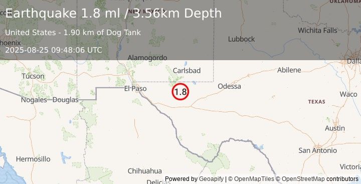 Earthquake 62 km SSW of Whites City, New Mexico (1.8 ml) (2025-08-25 09:48:06 UTC)