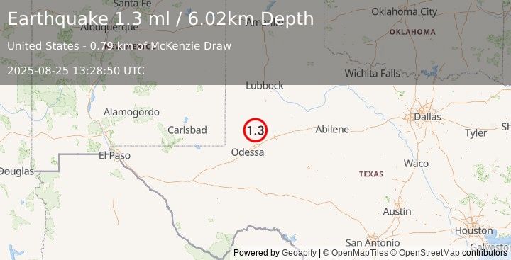 Earthquake 38 km SSW of Los Ybanez, Texas (1.3 ml) (2025-08-25 13:28:50 UTC)