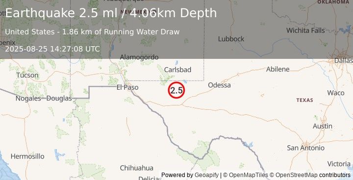 Earthquake 58 km S of Whites City, New Mexico (2.5 ml) (2025-08-25 14:27:08 UTC)