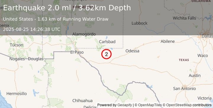 Earthquake 59 km NW of Toyah, Texas (2.0 ml) (2025-08-25 14:26:38 UTC)