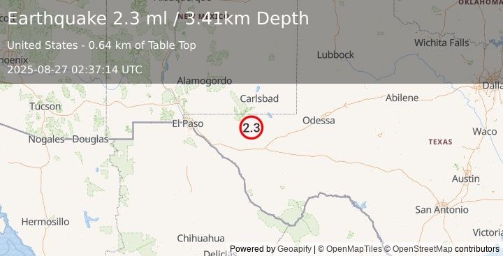 Earthquake 60 km S of Whites City, New Mexico (2.3 ml) (2025-08-27 02:37:14 UTC)