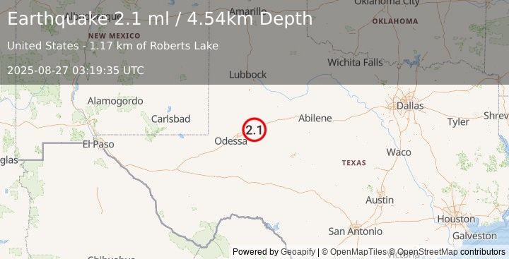 Earthquake 14 km E of Stanton, Texas (2.1 ml) (2025-08-27 03:19:35 UTC)