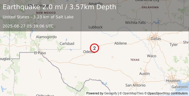 Earthquake 13 km WSW of Stanton, Texas (2.0 ml) (2025-08-27 05:39:06 UTC)