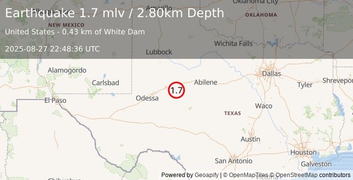 Earthquake 23 km S of Westbrook, Texas (1.7 mlv) (2025-08-27 22:48:36 UTC)