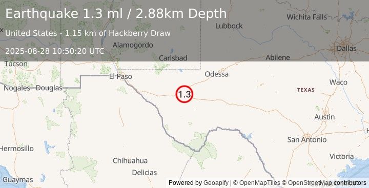 Earthquake 13 km N of Balmorhea, Texas (1.3 ml) (2025-08-28 10:50:20 UTC)