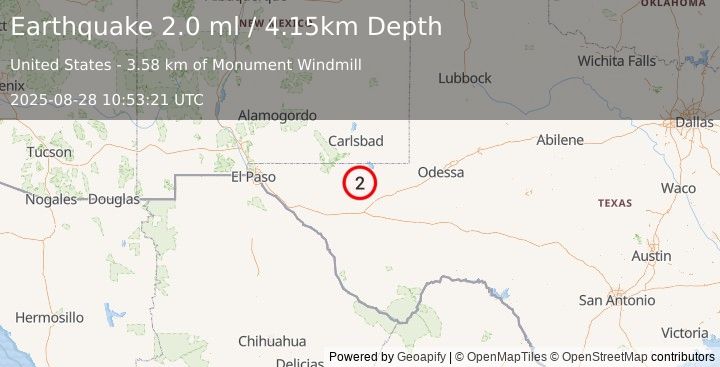 Earthquake 48 km NW of Toyah, Texas (2.0 ml) (2025-08-28 10:53:21 UTC)