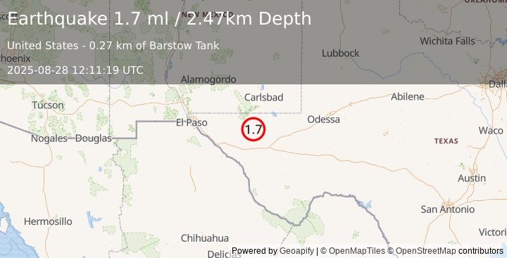 Earthquake 65 km NNE of Van Horn, Texas (1.7 ml) (2025-08-28 12:11:19 UTC)