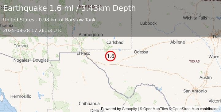 Earthquake 66 km NNE of Van Horn, Texas (1.6 ml) (2025-08-28 17:26:53 UTC)