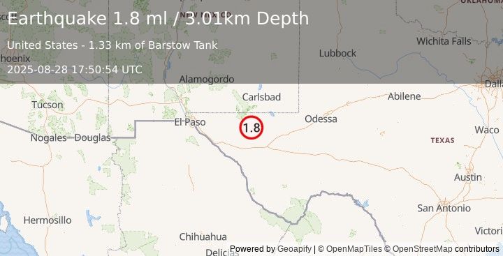 Earthquake 66 km SSW of Whites City, New Mexico (1.8 ml) (2025-08-28 17:50:54 UTC)