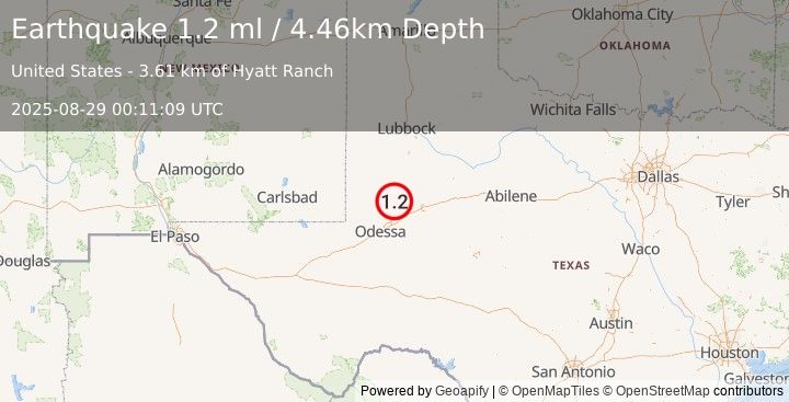 Earthquake 37 km NW of Stanton, Texas (1.2 ml) (2025-08-29 00:11:09 UTC)