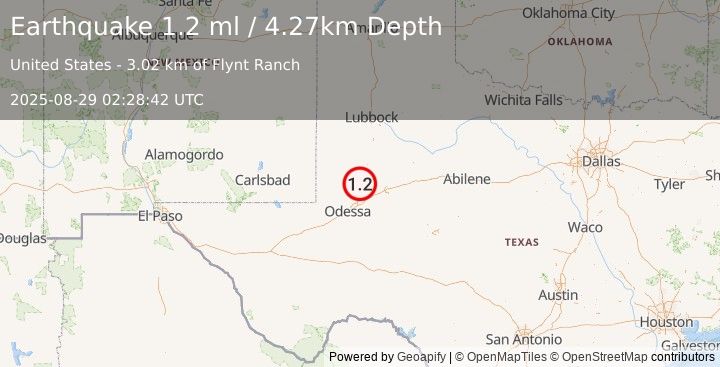 Earthquake 38 km NW of Stanton, Texas (1.2 ml) (2025-08-29 02:28:42 UTC)