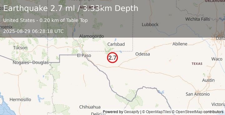 Earthquake 61 km S of Whites City, New Mexico (2.7 ml) (2025-08-29 06:28:18 UTC)