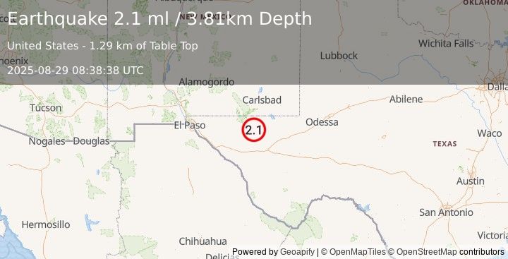 Earthquake 60 km S of Whites City, New Mexico (2.1 ml) (2025-08-29 08:38:38 UTC)