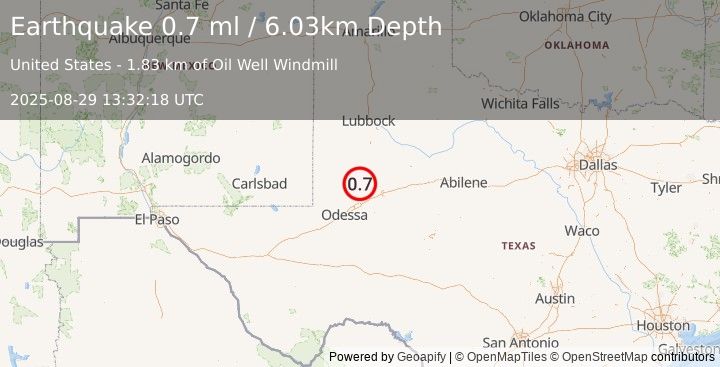Earthquake 31 km WSW of Ackerly, Texas (0.7 ml) (2025-08-29 13:32:18 UTC)