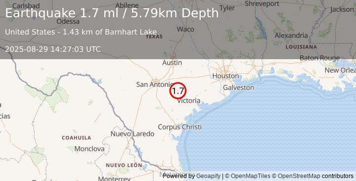 Earthquake 17 km ESE of Smiley, Texas (1.7 ml) (2025-08-29 14:27:03 UTC)