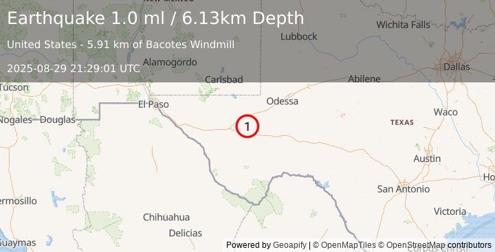 Earthquake 23 km SSE of Lindsay, Texas (1.0 ml) (2025-08-29 21:29:01 UTC)