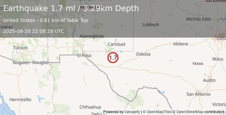 Earthquake 61 km S of Whites City, New Mexico (1.7 ml) (2025-08-29 22:08:29 UTC)