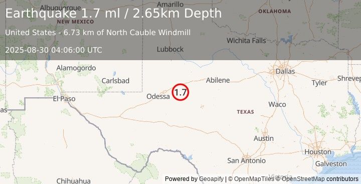 Earthquake 12 km S of Forsan, Texas (1.7 ml) (2025-08-30 04:06:00 UTC)