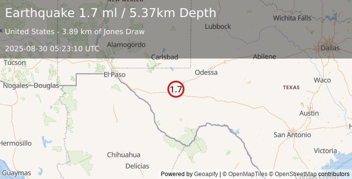 Earthquake 16 km SSE of Toyah, Texas (1.7 ml) (2025-08-30 05:23:10 UTC)