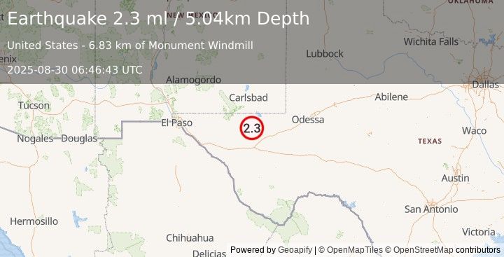 Earthquake 44 km NW of Toyah, Texas (2.3 ml) (2025-08-30 06:46:43 UTC)