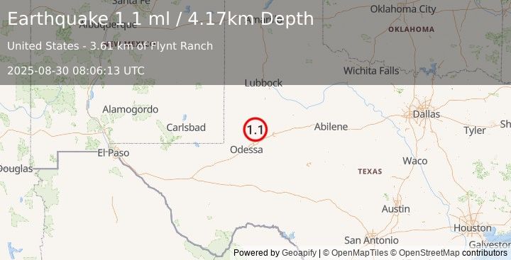 Earthquake 37 km NW of Stanton, Texas (1.1 ml) (2025-08-30 08:06:13 UTC)