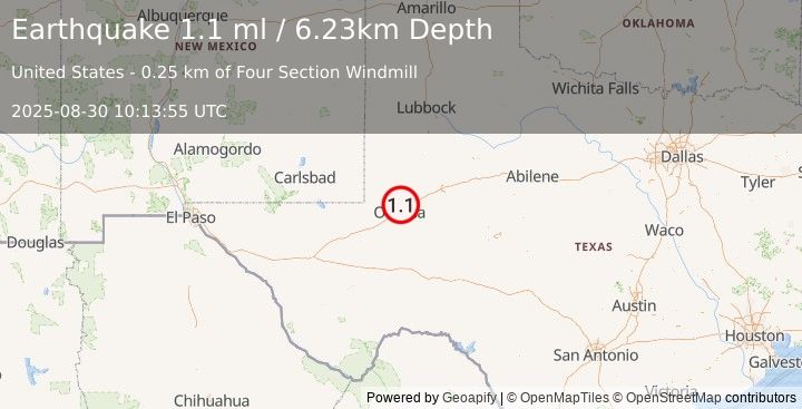 Earthquake 6 km SE of Gardendale, Texas (1.1 ml) (2025-08-30 10:13:55 UTC)
