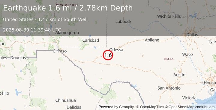 Earthquake 7 km SSE of Wickett, Texas (1.6 ml) (2025-08-30 11:39:48 UTC)