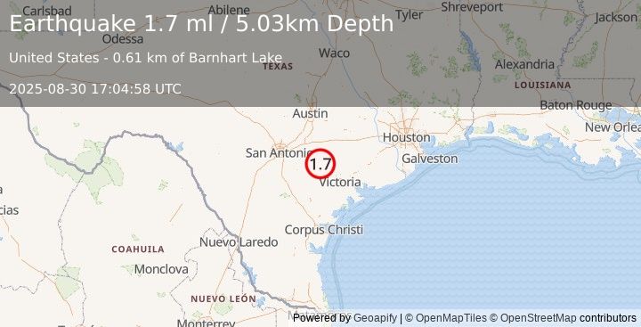 Earthquake 16 km ESE of Smiley, Texas (1.7 ml) (2025-08-30 17:04:58 UTC)