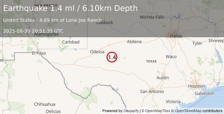 Earthquake 38 km NNE of Big Lake, Texas (1.4 ml) (2025-08-30 20:51:35 UTC)